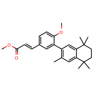 Chemical structure of Methyl (E)-3-(4-methoxy-3-(3,5,5,8,8-pentamethyl-5,6,7,8-tetrahydronaphthalen-2-yl)phenyl)acrylate , AChemBlock Y233385