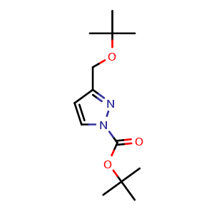Chemical structure of tert-Butyl 3-(tert-butoxymethyl)-1H-pyrazole-1-carboxylate , CAS 3037703-47-9, AChemBlock Y233420