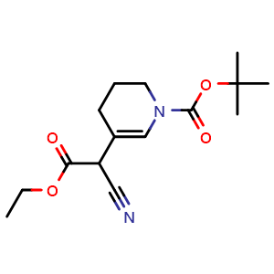 Chemical structure of tert-Butyl 5-(1-cyano-2-ethoxy-2-oxoethyl)-3,4-dihydropyridine-1(2H)-carboxylate , CAS 1159982-26-9, AChemBlock Y233429