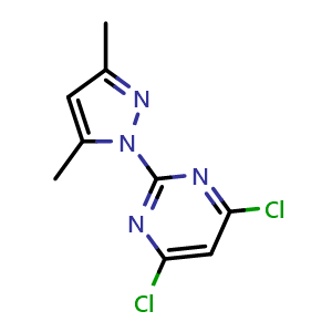 Chemical structure of 4,6-Dichloro-2-(3,5-dimethyl-1H-pyrazol-1-yl)pyrimidine , CAS 1214993-72-2, AChemBlock Y233431