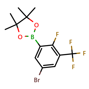 Chemical structure of 2-(5-Bromo-2-fluoro-3-(trifluoromethyl)phenyl)-4,4,5,5-tetramethyl-1,3,2-dioxaborolane , CAS 1638847-70-7, AChemBlock Y233440