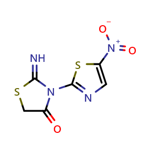 Chemical structure of 2-Imino-3-(5-nitrothiazol-2-yl)thiazolidin-4-one , CAS 1639243-24-5, AChemBlock Y233441
