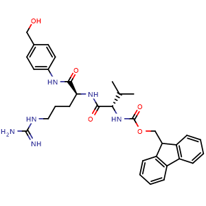 Chemical structure of (9H-Fluoren-9-yl)methyl (S)-1-((S)-5-guanidino-1-(4-(hydroxymethyl)phenylamino)-1-oxopentan-2-ylamino)-3-methyl-1-oxobutan-2-ylcarbamate , CAS 1815578-18-7, AChemBlock Y233444