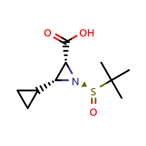 Chemical structure of (2R,3R)-1-((R)-tert-butylsulfinyl)-3-cyclopropylaziridine-2-carboxylic acid , CAS 2641822-97-9, AChemBlock Y233450