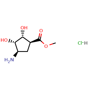 Chemical structure of Methyl (1S,2R,3S,4R)-4-amino-2,3-dihydroxycyclopentane-1-carboxylate hydrochloride , CAS 79200-54-7, AChemBlock Y233463
