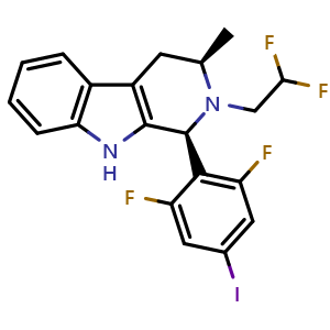 Chemical structure of (1S,3R)-1-(2,6-difluoro-4-iodophenyl)-2-(2,2-difluoroethyl)-3-methyl-2,3,4,9-tetrahydro-1H-pyrido[3,4-b]indole , AChemBlock Y233470