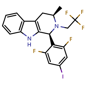Chemical structure of (1S,3R)-1-(2,6-difluoro-4-iodophenyl)-3-methyl-2-(2,2,2-trifluoroethyl)-2,3,4,9-tetrahydro-1H-pyrido[3,4-b]indole , AChemBlock Y233471