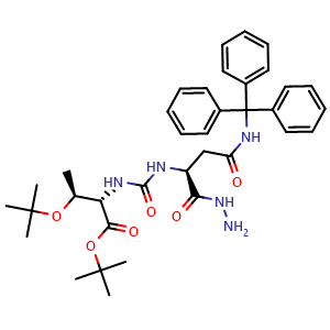 Chemical structure of (2S,3S)-tert-Butyl 3-(tert-butoxy)-2-(3-((S)-1-hydrazinyl-1,4-dioxo-4-(tritylamino)butan-2-yl)ureido)butanoate , AChemBlock Y233474