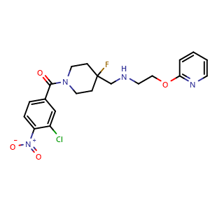 Chemical structure of (3-Chloro-4-nitrophenyl)(4-fluoro-4-(((2-(pyridin-2-yloxy)ethyl)amino)methyl)piperidin-1-yl)methanone , CAS 2989039-38-3, AChemBlock Y233475