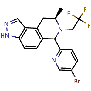 Chemical structure of (8R)-6-(5-Bromopyridin-2-yl)-8-methyl-7-(2,2,2-trifluoroethyl)-6,7,8,9-tetrahydro-3H-pyrazolo[4,3-f]isoquinoline , CAS 2832871-16-4, AChemBlock Y233480