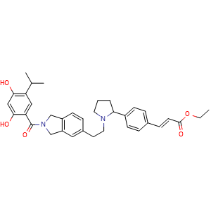 Chemical structure of (E)-ethyl 3-(4-(1-(2-(2-(2,4-dihydroxy-5-isopropylbenzoyl)isoindolin-5-yl)ethyl)pyrrolidin-2-yl)phenyl)acrylate , AChemBlock Y233490