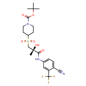 Chemical structure of (R)-tert-butyl 4-(3-(4-cyano-3-(trifluoromethyl)phenylamino)-2-hydroxy-2-methyl-3-oxopropylsulfonyl)piperidine-1-carboxylate , CAS 2551108-17-7, AChemBlock Y233497