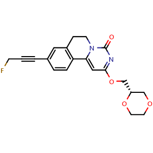 Chemical structure of (S)-2-((1,4-dioxan-2-yl)methoxy)-9-(3-fluoroprop-1-yn-1-yl)-6,7-dihydro-4H-pyrimido[6,1-a]isoquinolin-4-one , CAS 2974825-58-4, AChemBlock Y233502
