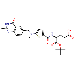 Chemical structure of (S)-5-(Tert-butoxy)-4-(5-(methyl((2-methyl-4-oxo-3,4-dihydroquinazolin-6-yl)methyl)amino)thiophene-2-carboxamido)-5-oxopentanoic acid , CAS 2991247-93-7, AChemBlock Y233505
