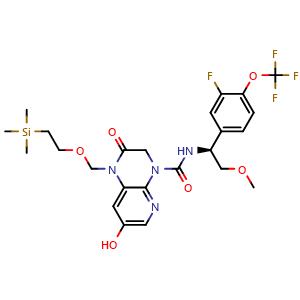 Chemical structure of (S)-N-(1-(3-fluoro-4-(trifluoromethoxy)phenyl)-2-methoxyethyl)-7-hydroxy-2-oxo-1-((2-(trimethylsilyl)ethoxy)methyl)-2,3-dihydropyrido[2,3-b]pyrazine-4(1H)-carboxamide , CAS 2972834-50-5, AChemBlock Y233509