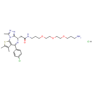 Chemical structure of (S)-N-(3-(2-(2-(3-aminopropoxy)ethoxy)ethoxy)propyl)-2-(4-(4-chlorophenyl)-2,3,9-trimethyl-6H-thieno[3,2-f][1,2,4]triazolo[4,3-a][1,4]diazepin-6-yl)acetamide hydrochloride , AChemBlock Y233510