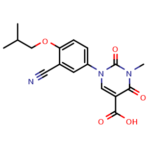 Chemical structure of 1-(3-Cyano-4-isobutoxyphenyl)-3-methyl-2,4-dioxo-1,2,3,4-tetrahydropyrimidine-5-carboxylic acid , AChemBlock Y233522