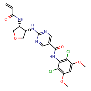 Chemical structure of 2-(((3S,4R)-4-acrylamidotetrahydrofuran-3-yl)amino)-N-(2,6-dichloro-3,5-dimethoxyphenyl)pyrimidine-5-carboxamide , CAS 3037659-50-7, AChemBlock Y233542
