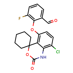 Chemical structure of 2-((8-chloro-2-oxo-1,2-dihydrospiro[benzo[d][1,3]oxazine-4,1'-cyclohexan]-5-yl)oxy)-3-fluorobenzaldehyde , CAS 2972834-42-5, AChemBlock Y233546