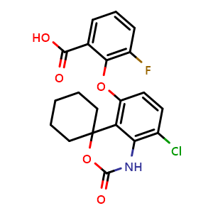 Chemical structure of 2-((8-chloro-2-oxo-1,2-dihydrospiro[benzo[d][1,3]oxazine-4,1'-cyclohexan]-5-yl)oxy)-3-fluorobenzoic acid , CAS 2972185-15-0, AChemBlock Y233547