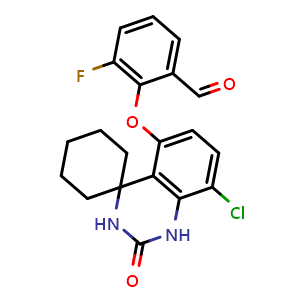Chemical structure of 2-((8'-chloro-2'-oxo-2',3'-dihydro-1'H-spiro[cyclohexane-1,4'-quinazolin]-5'-yl)oxy)-3-fluorobenzaldehyde , AChemBlock Y233548