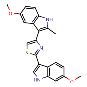 Chemical structure of 2-(6-Methoxy-1H-indol-3-yl)-4-(5-methoxy-2-methyl-1H-indol-3-yl)thiazole , AChemBlock Y233557
