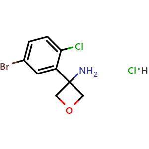 Chemical structure of 3-(5-bromo-2-chlorophenyl)oxetan-3-amine hydrochloride , CAS 2970121-68-5, AChemBlock Y233574