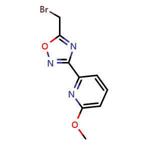 Chemical structure of 5-(Bromomethyl)-3-(6-methoxypyridin-2-yl)-1,2,4-oxadiazole , CAS 3037695-76-1, AChemBlock Y233600