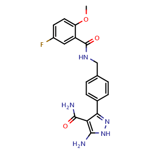 Chemical structure of 5-Amino-3-(4-((5-fluoro-2-methoxybenzamido)methyl)phenyl)-1H-pyrazole-4-carboxamide , CAS 3069540-50-4, AChemBlock Y233601