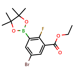 Chemical structure of Ethyl 5-bromo-2-fluoro-3-(4,4,5,5-tetramethyl-1,3,2-dioxaborolan-2-yl)benzoate , AChemBlock Y233636