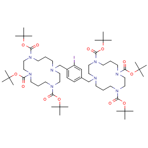 Chemical structure of Hexa-tert-Butyl 11,11'-((2-iodo-1,4-phenylene)bis(methylene))bis(1,4,8,11-tetraazacyclotetradecane-1,4,8-tricarboxylate) , CAS 3037676-25-5, AChemBlock Y233637