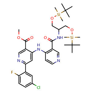 Chemical structure of Methyl 6-(5-chloro-2-fluorophenyl)-4-(3-(2,2,3,3,9,9,10,10-octamethyl-4,8-dioxa-3,9-disilaundecan-6-ylcarbamoyl)pyridin-4-ylamino)nicotinate , CAS 3037695-88-5, AChemBlock Y233652