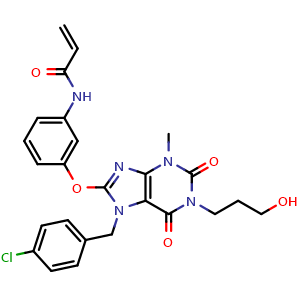 Chemical structure of N-(3-((7-(4-Chlorobenzyl)-1-(3-hydroxypropyl)-3-methyl-2,6-dioxo-2,3,6,7-tetrahydro-1H-purin-8-yl)oxy)phenyl)acrylamide , CAS 2740257-85-4, AChemBlock Y233659