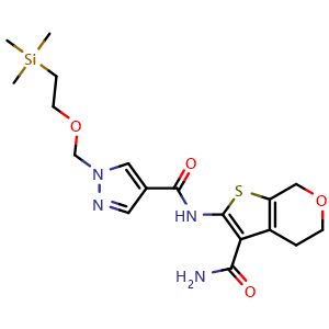 Chemical structure of N-(3-Carbamoyl-5,7-dihydro-4H-thieno[2,3-c]pyran-2-yl)-1-((2-(trimethylsilyl)ethoxy)methyl)-1H-pyrazole-4-carboxamide , AChemBlock Y233664