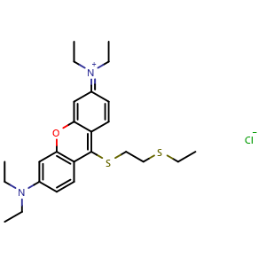 Chemical structure of N-(6-(Diethylamino)-9-((2-(ethylthio)ethyl)thio)-3H-xanthen-3-ylidene)-N-ethylethanaminium chloride , AChemBlock Y233667