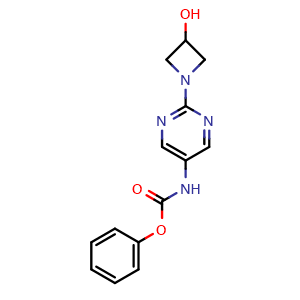 Chemical structure of Phenyl (2-(3-hydroxyazetidin-1-yl)pyrimidin-5-yl)carbamate , CAS 2883543-63-1, AChemBlock Y233673