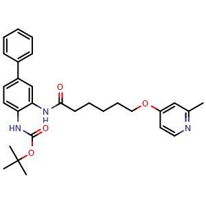 Chemical structure of tert-Butyl (3-(6-((2-methylpyridin-4-yl)oxy)hexanamido)-[1,1'-biphenyl]-4-yl)carbamate , CAS 3037704-14-3, AChemBlock Y233680