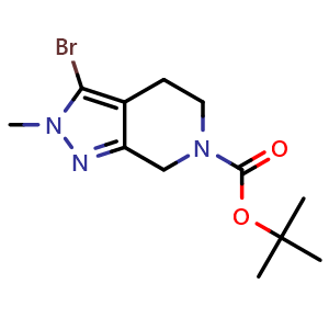 Chemical structure of tert-Butyl 3-bromo-2-methyl-2,4,5,7-tetrahydro-6H-pyrazolo[3,4-c]pyridine-6-carboxylate , CAS 2988403-23-0, AChemBlock Y233687