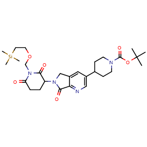 Chemical structure of tert-Butyl 4-(6-(2,6-dioxo-1-((2-(trimethylsilyl)ethoxy)methyl)piperidin-3-yl)-7-oxo-6,7-dihydro-5H-pyrrolo[3,4-b]pyridin-3-yl)piperidine-1-carboxylate , CAS 2934600-82-3, AChemBlock Y233689