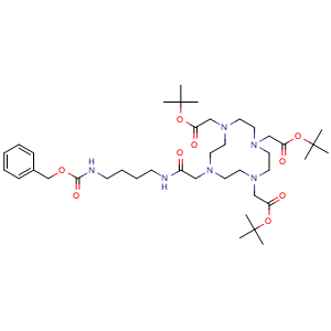 Chemical structure of Tri-tert-butyl 2,2',2''-(10-(2-((4-(((benzyloxy)carbonyl)amino)butyl)amino)-2-oxoethyl)-1,4,7,10-tetraazacyclododecane-1,4,7-triyl)triacetate , CAS 3037703-63-9, AChemBlock Y233695