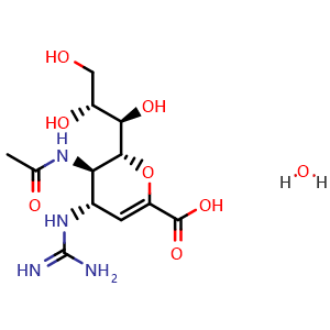 Chemical structure of (2R,3R,4S)-3-Acetamido-4-guanidino-2-((1R,2R)-1,2,3-trihydroxypropyl)-3,4-dihydro-2H-pyran-6-carboxylic acid hydrate , CAS 1260601-68-0, AChemBlock Y233713