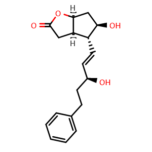 Chemical structure of (3aR,4R,5R,6aS)-5-Hydroxy-4-((S,E)-3-hydroxy-5-phenylpent-1-en-1-yl)hexahydro-2H-cyclopenta[b]furan-2-one , CAS 41639-74-1, AChemBlock Y233754