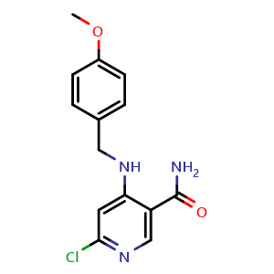 Chemical structure of 6-Chloro-4-((4-methoxybenzyl)amino)nicotinamide , CAS 1227861-79-1, AChemBlock Y233834