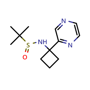 Chemical structure of 2-Methyl-N-(1-(pyrazin-2-yl)cyclobutyl)propane-2-sulfinamide , CAS 2173135-05-0, AChemBlock Y233888