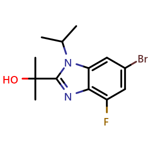 Chemical structure of 2-(6-Bromo-4-fluoro-1-isopropyl-1H-benzo[d]imidazol-2-yl)propan-2-ol , CAS 2380323-07-7, AChemBlock Y233894