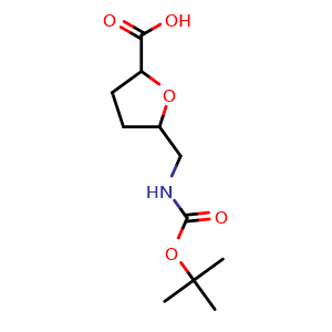 Chemical structure of 5-(((tert-Butoxycarbonyl)amino)methyl)tetrahydrofuran-2-carboxylic acid , CAS 840540-59-2, AChemBlock Y233949