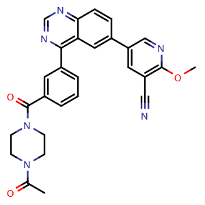 Chemical structure of 5-(4-(3-(4-Acetylpiperazine-1-carbonyl)phenyl)quinazolin-6-yl)-2-methoxynicotinonitrile , CAS 1431540-99-6, AChemBlock Y233987