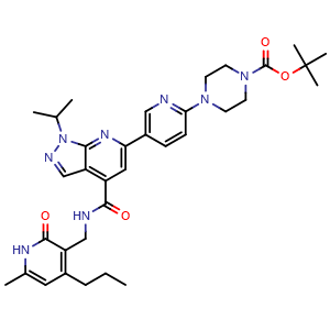 Chemical structure of tert-Butyl 4-(5-(1-isopropyl-4-(((6-methyl-2-oxo-4-propyl-1,2-dihydropyridin-3-yl)methyl)carbamoyl)-1H-pyrazolo[3,4-b]pyridin-6-yl)pyridin-2-yl)piperazine-1-carboxylate , CAS 1913252-59-1, AChemBlock Y233988