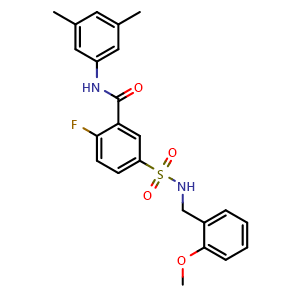 Chemical structure of N-(3,5-dimethylphenyl)-2-fluoro-5-(N-(2-methoxybenzyl)sulfamoyl)benzamide , CAS 422558-63-2, AChemBlock Y233989