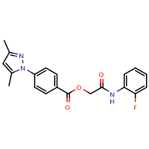 Chemical structure of 2-((2-Fluorophenyl)amino)-2-oxoethyl 4-(3,5-dimethyl-1H-pyrazol-1-yl)benzoate , CAS 956910-48-8, AChemBlock Y233994